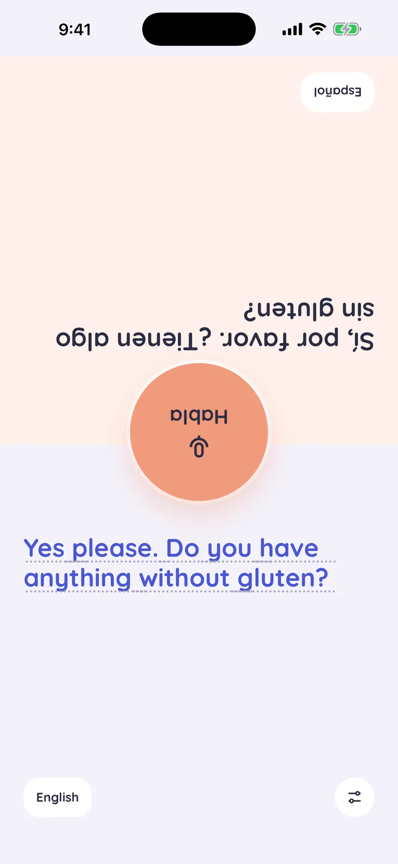 The face-to-face layout: the other person's half shows their language, turned upside down toward them