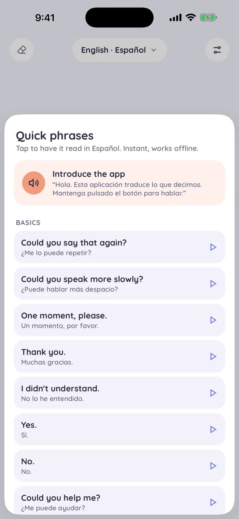 The Quick phrases sheet in Saylator, English with Spanish