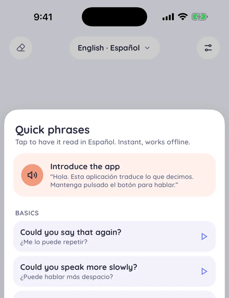 The Quick phrases sheet, English with Spanish
