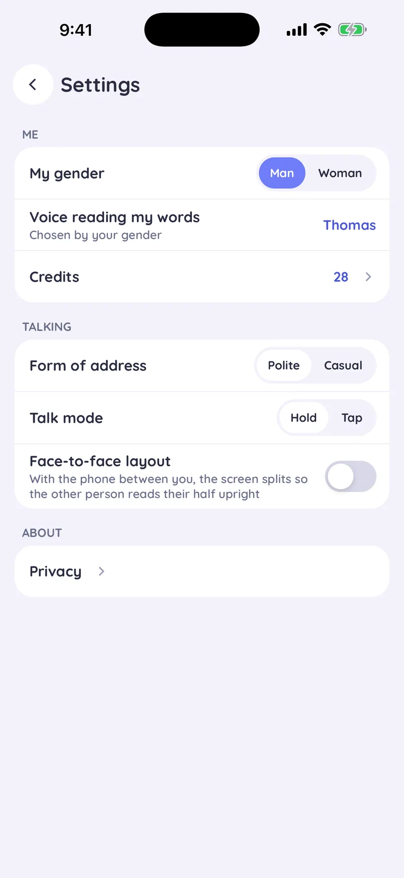 Saylator settings: the voice reading my words, chosen by my gender