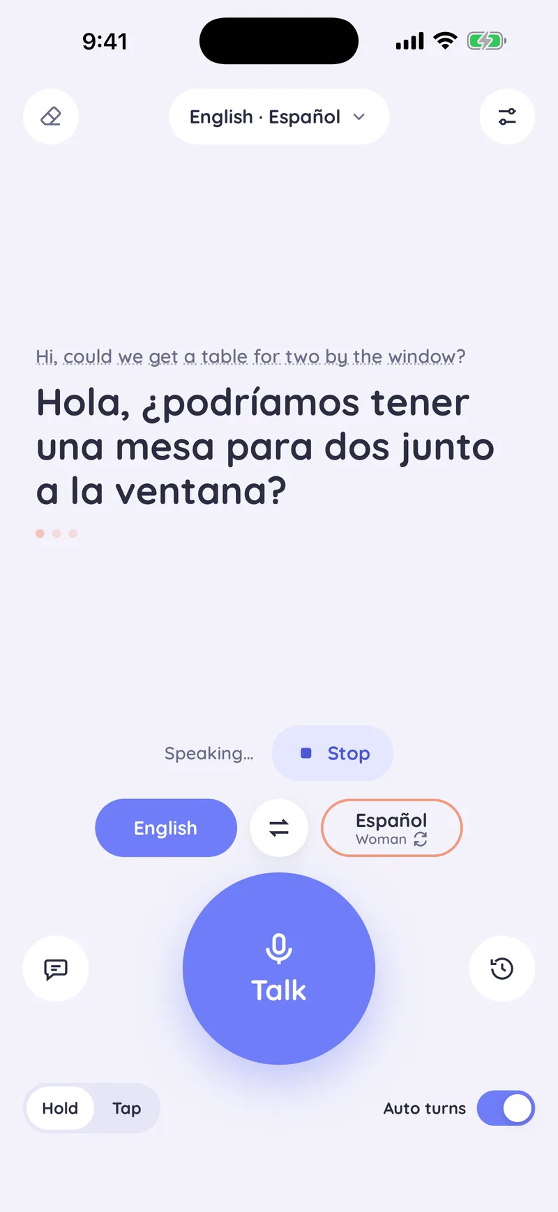 The Spanish translation shown large while Saylator reads it aloud, with a Stop button